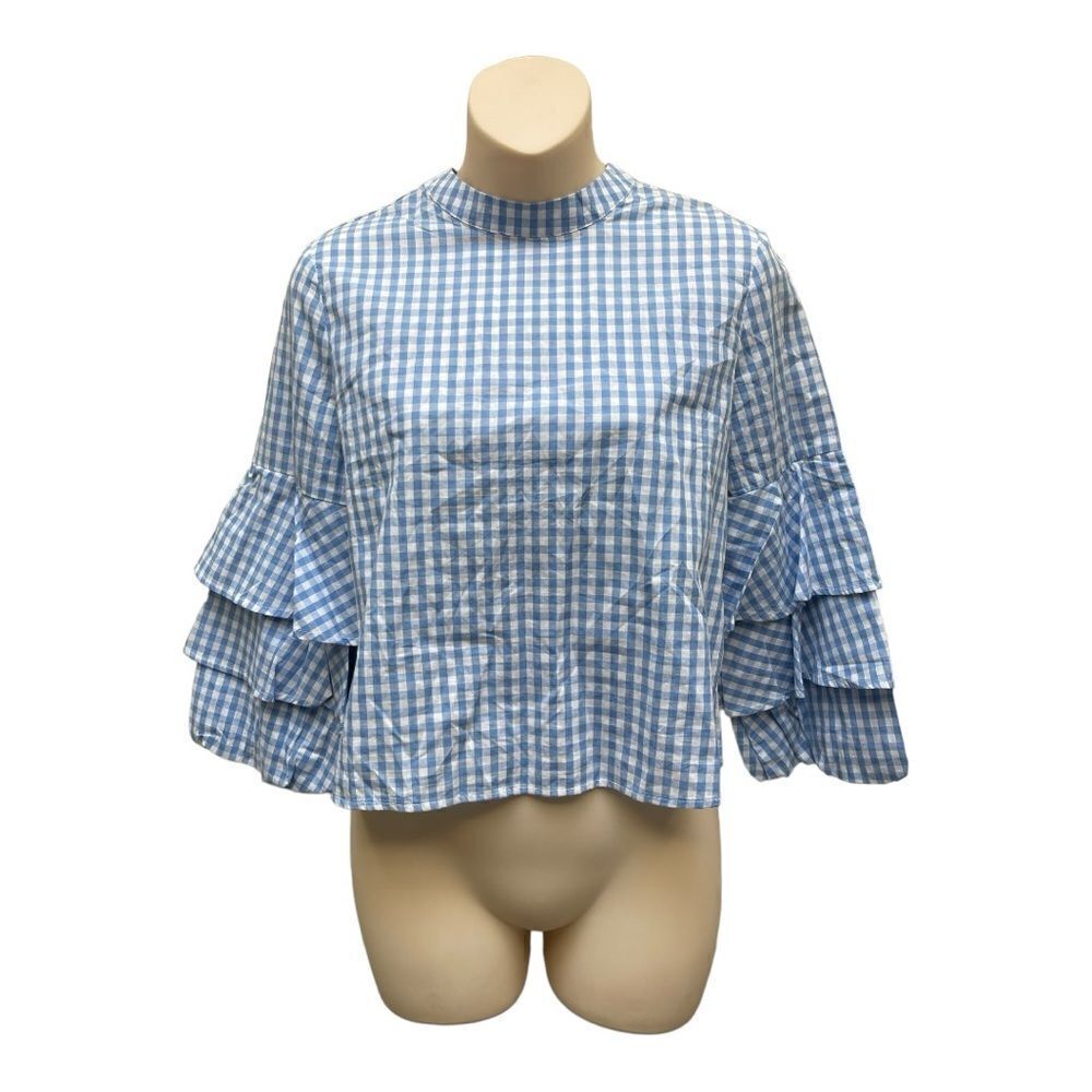 NWT Haute Monde Blue White Gingham Blouse 3/4 Sleeves Ruffles Country Classic S